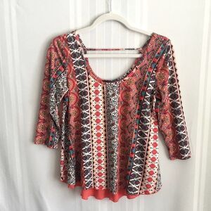 Rue 21 Mixed Media 3/4 Sleeves Scoop Neck Blouse Tribal Small Junior’s Top Peach